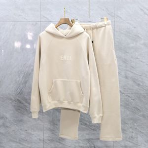 mens sweatsuit buttercream oversized sweatshirt white sweatpants womens tracksuit sets sportswear fleece hoodies pants slash pockets elongated drawcord hoody