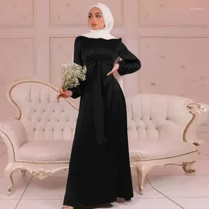 Ethnic Clothing Eid Satin Abaya Muslim Wrap Dress Ramadan Black Abayas For Women Dubai Turkey Party Dresses Islamic Kaftan Hijab Robe