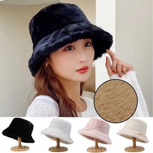 Wide Brim Hats Bucket Hats Korean Lamb Faux Fur Bucket Hat Lady Winter Warm Soft Panama Hat Outdoor Fisherman Cap For Women Solid Color Beanie Bonnet 231024