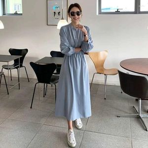 Casual Dresses Cotton Flare midja 2023 Autumn Korean Style Loose and Slim Long Sleeve Blue Dress for Female Fashion Tide E459