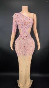 Casual Dresses Flashing Rhinestone One Sleeve Transparent Dress Birthday Evening Show Long Prom Dancer Sexy See Through Crystals Costume