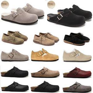 Winter Arizona Pelz Sandalen Hausschuhe Boston Clog Flauschige Slipper Schnalle Woody Flache Absätze Wildleder Damen Herren Outdoor Loafer Größe 35-44