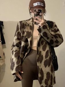 Mulheres ternos blazers leopardo estampado blazer tweed jaqueta de lã café terno casaco feminino outono primavera inverno elegante feminino solto casaco outerwear 231025