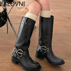 Stiefel Kniehohe Stiefel Frauen Mode Slip Auf Damen Niedrigen Absatz Ritter Stiefel 2023 Neue Herbst Winter frauen Biker bootiesL231025