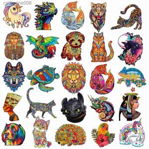 Puzzle Squisiti puzzle di animali in legno per bambini Adulti Bella forma irregolare Drago Volpe Lupo Puzzle in legno DIY DrawingL231025