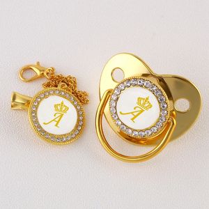 Other Baby Feeding Luxury Gold Crown 26 Name Initial Letters Pacifier With Clip Silicone Dummy Nipple Bling Infant Shower Gift 231025