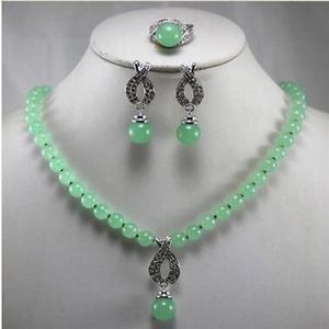 Vackra smycken 8mm Green Jade Pendant Necklace Earring Ring Set2477