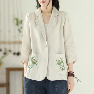 Women's Suits Cotton And Linen Embroidery Seven-sleeved Suit Female Spring Autumn Korean Fashion Solid Color Loose Elegant Casual Jacket