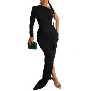 Abito lungo lungo elegante estivo con una spalla maxi per le donne Compleanno aderente Sexy spacco nero Fomal Wedding Evening Night Party