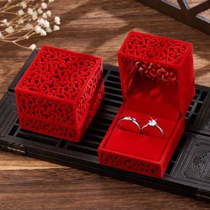 Jewelry Boxes Hollow Red Velvet Ring Box Couple Double Ring Bearer Box For Wedding Engagement Gift Favor Jewelry Organizer Packing Boxes 231025