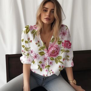 Blusas femininas camisas femininas lindas flores 3d impressas camisas estilo casual moda tendência 231024