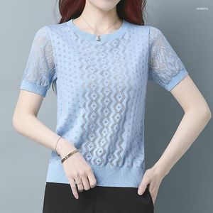 女性用ブラウス女性ファッション半袖レースTシャツサマーホローアイスシルクニットブラウスカジュアルボトムトップOネック