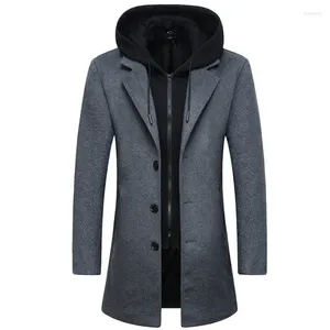 Casaco masculino de lã com capuz removível grosso fino ajuste jaqueta masculina quente longo à prova de vento casual outwear