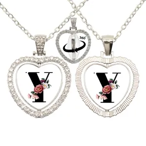 Anhänger-Halsketten, personalisierte Blume, 26 englische Buchstaben, Kuppelglas, 360 Grad drehbar, herzförmig, doppelseitiger Halskettenschmuck
