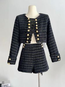 Kvinnors spårsättningar Autumn Korean Elegant Suit Double Breasted Jackor Rockar High midjeshorts Tvådelar Set Knight Style