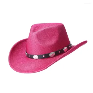 Berets Western Cowboy Hat for Men and Women Classic Roll Up Brim with Belt Buckle Unisex Fedora Akcesoria