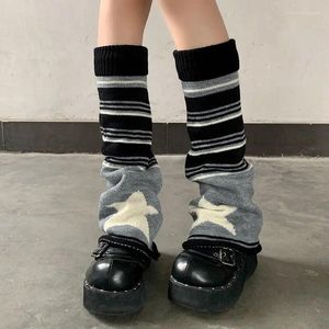 Women Socks Black Grey Striped Star Lolita Autumn Winter Knitted Long JK Calf Gaiters Pile Up Covers