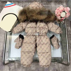Lüks Bebek Aşağı Tulum Kürk Yaka Çocuk Kış Giyim Boyutu 75-110 Izgara Mektup Tam Baskı Bebek Palto ve Sıcak Eldivenler Ekim20