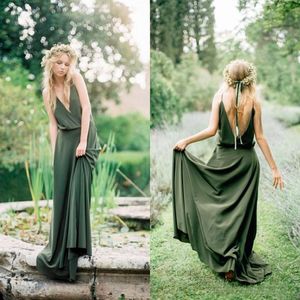 Estilo boêmio país vestidos de dama de honra 2023 primavera novo espaguete baixo corte de volta verde oliva chiffon dama de honra vestidos de casamento barato