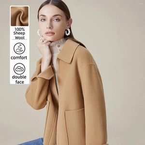 Jaquetas femininas Alessandra RICH jaqueta de lã pura outono / inverno polo pescoço zíper simples casaco curto dupla face ovelha