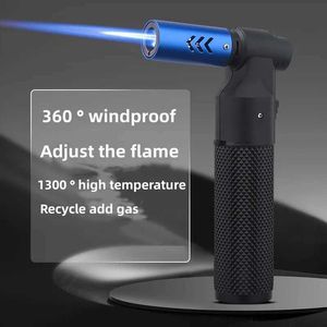 Lighters 2023 New Metal Outdoor Windproof Turbine Torch Strong Fire Power Blue Flame Straight Butane No GasLighter GasKitchen BBQ Welding