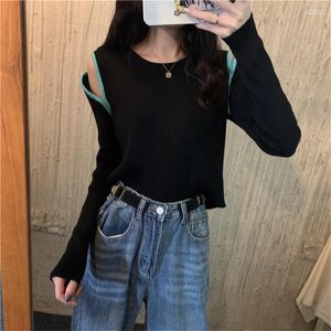 Damenpullover Damen Sexy Off-the-Schulter O-Ausschnitt Abgeschnitten Pullover Frauen Basis Tops 2023 Korean Fashion Slim Pullover Langarm