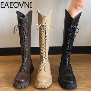 Stivali invernali stivali alti al ginocchio per le donne moda lace up tacco quadrato stivali lunghi 2023 signore comfort piattaforma stivali moderniL231025