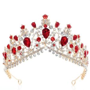 Matrimonio Nuziale Rosso Blu Corona Tiara Strass Fascia Accessori per capelli Gioielli Verde Oro Principessa Regina Corone di cristallo Diademi P231b