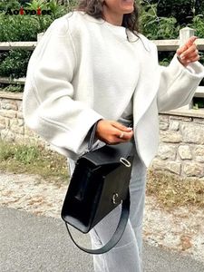 女性のウールブレンドaotvoteeホワイトウールコート女性秋のファッションカジュアルvネックルーズジャケットビンテージ長袖厚いシックコート231024
