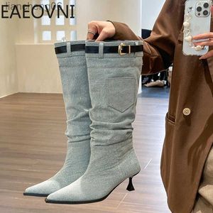 Stivali invernali denim donna stivale alto al ginocchio moda slip on sottile tacco alto Botas signore sexy punta a punta stivaletti lunghiL231025