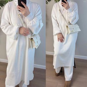 Roupas étnicas dubai outono/inverno grosso vestido de malha e calça de perna larga de pernas largas poças de duas peças abaya manga longa islâmica