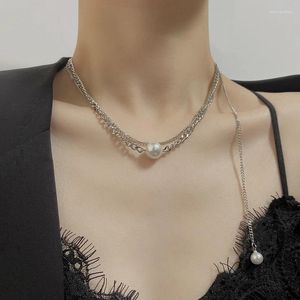 Pendanthalsband vsnow Fashion Double Layer Pearl Asymmetric Necklace For Women Femme Delicate Chunky Chain Silver Color Jewelry