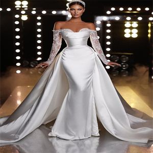 Chic Mermaid Minimalist Wedding Dress With Detachable Train Soft Satin Dubai Arabic Boho Garden Bridal Gowns Fairy Gatsby Bride 2024 Vestido De Noiva Casamento