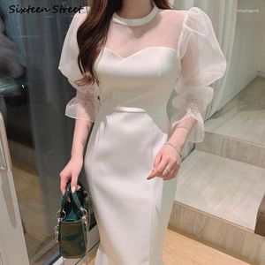 Vestidos casuais branco elegante bodycon vestido mulheres 2023 cintura alta chique coreano senhoras roupas de escritório puff manga magro vestidos preto