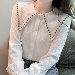 Kvinnor BLOUSES Fashion Elegant Chiffon For Women Clothing White Button Långärmad skjortor Solid skarvade Office Ladies Tops Drop