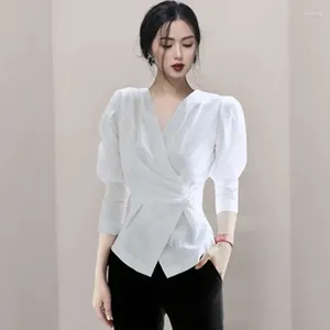 Women's Blouses DALMAZZO 2023 Summer Women V Neck Puff Sleeve Big Size Office Fashion Simple Black White Shirt Tops Feminina XL