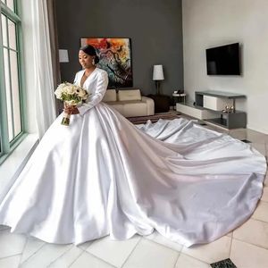 African Women Princess Satin Wedding Dress Deep V Neck Long Sleeves Beads Appliques Decoration Bridal Gowns Vestidos De Novia Robe De Mariage