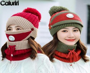 Beanies Caluriri WindProof Hat Women Warm Knit Hats Scarf Sets Sets冬のパッド入りマスクネックプロテクター3 PCセットサイクリングウールキャップ4633782