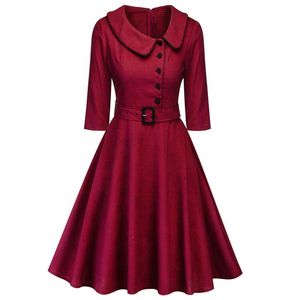 Kadınlar Zarif Bahar Şarap Kırmızı Partisi Elbise Feminino Vestidos Audrey 1960'lar Swing Rockabilly Robebutton Kemerler Resmi Elbise250i