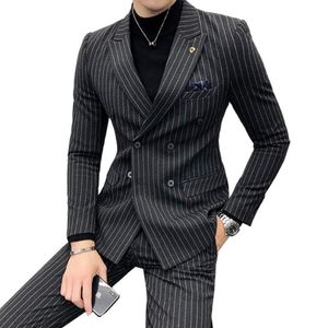 Männer Anzüge Blazer Jacke Hosen High-end-Mode Gestreiften Formale Zweireiher Business Anzug Bräutigam Hochzeit Kleid Me267I