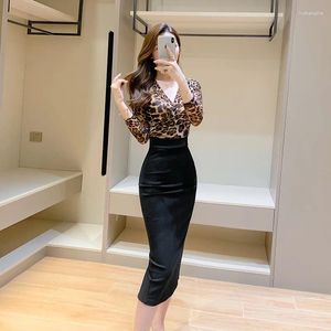 Casual Dresses Leopard Suit Women's Spring Temperament Adult Lady Like Woman Sexig Slimming Top Mante Half-Body Two-Piece Set Dress