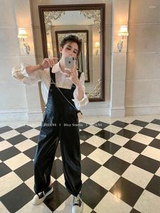 Women's Pants XS-6XL Leather Overalls Women Men Clothes Autumn Pu Wide Leg Jumpsuit With Straps Commuting Suspenders Trousers