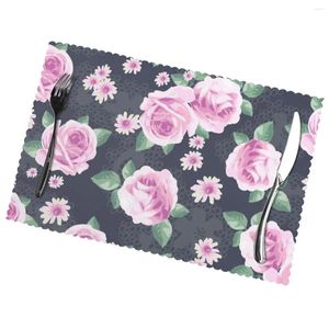 Tapetes de mesa rosa flor antiderrapante lugar de isolamento para cozinha jantar lavável placemats tigela copo conjunto de 6