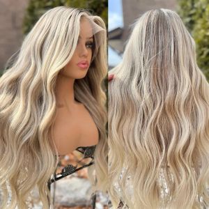 Highlight Blonde Full Lace Front Perücke brasilianische gewellte Echthaarperücken vorgezupft 13x4 transparente HD-Spitzenperücke synthetisch für Frauen