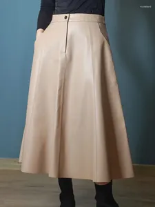 Юбки женские карамельные юбки из натуральной кожи 2023 зимние женские из натуральной кожи трапециевидной формы простые плиссированные длинные юбки с большим подолом Faldas абрикосовые Ropa Mujer