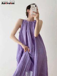 Vestidos casuais básicos aotvotee vestido de linho para mulheres 2023 nova moda sem mangas sólido tanque verão chique vintage dobras soltas maxi yq231025