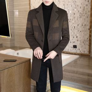 Nya män s högkvalitativa varumärke Business Casual Wool Windbreaker Slim Mid Length Plaid Suit Collar Woolen Coat Male Jacket
