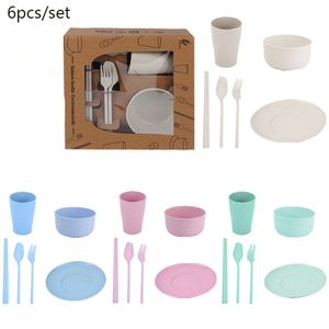 Zestawy straży pszennej ze słomy strawiki mikrofalowe zmywarki do zmywarki Safe Unbreakable Staliwa Set 6pcs/Set Lekkie dania kempingowe, talerze, filiżanki, miski zbożowe