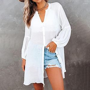 Women's Blouses Women's Women Long Cotton Linen Shirt Solid Color Turn-Down Collar Sleeve Front Button Loose Dress With Pockets Blusa