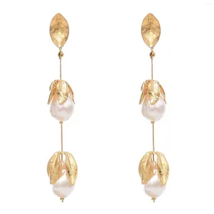 Kolczyki Dangle Fashion Gold Kolor Leaf długość 2 -warstwowa Perła Pendant Drop dla kobiet Elegancka akcesoria ślubne Biżuteria